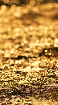 Amber sea surf glides over dark volcanic sand, capturing the brilliance of sunset reflection. Cinematic soft focus extreme close-up shot.