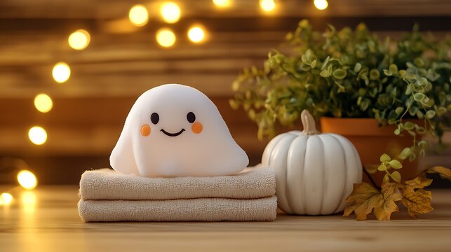 Friendly White Ghost Toy Placed Beside White Pumpkin and Warm Lights