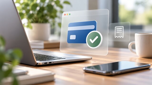 Secure online payment confirmation concept with credit card icon and receipt on modern office desk with laptop and smartphone