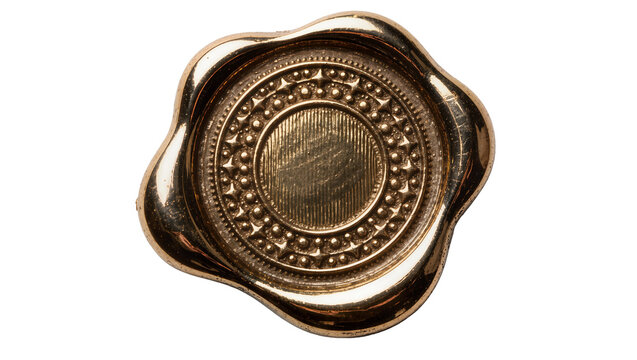 Ornate golden wax seal with intricate circular patterns, isolated on transparent background