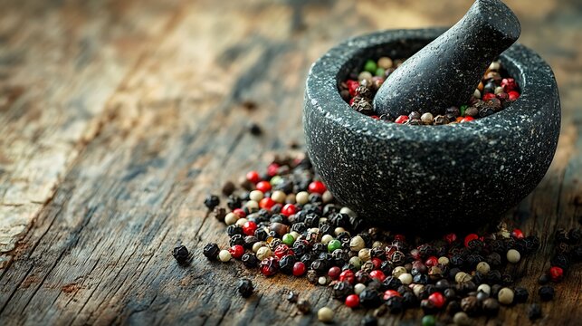 Dark Basalt Stone Mortar and Pestle Filled with Mixed Peppercorns on Wooden Table