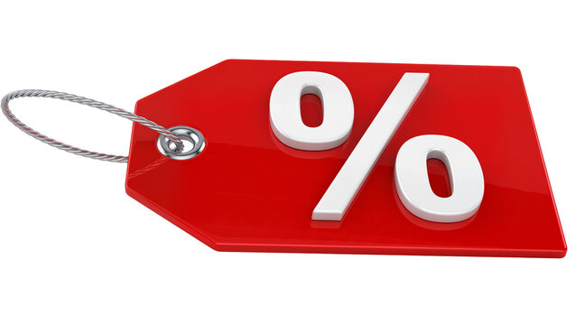 Red percentage tag with metal loop, isolated on transparent background