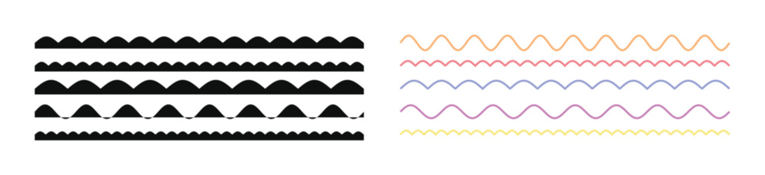 Decorative scalloped borders vector set, seamless geometric wave rules, pastel wave lines design elements