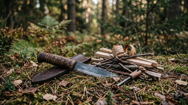 Bushcraft Knife and Fire Starting Kit on Forest Floor