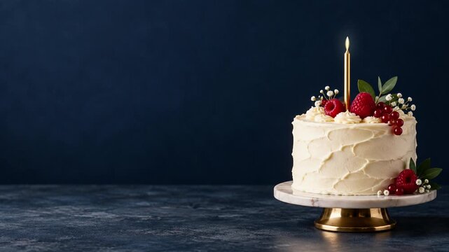 Birthday Cake with Berries and One Flickering Candle Loop