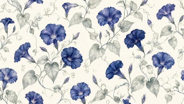 Watercolor morning glories and heart shaped leaves form a seamless floral pattern on a light background