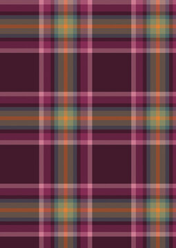 Classic dark plum, pink, orange, and teal tartan plaid seamless pattern fabric swatch. Textile design template for clothing and apparel background.