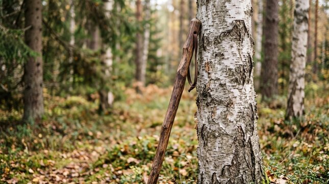 Wooden Walking Stick Leaning Against a Birch Tree in a Forest