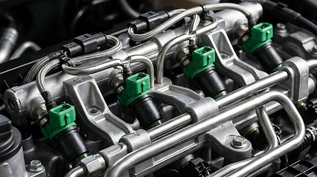 Detailed mechanical view of a high performance vehicle engine bay and fuel rail system