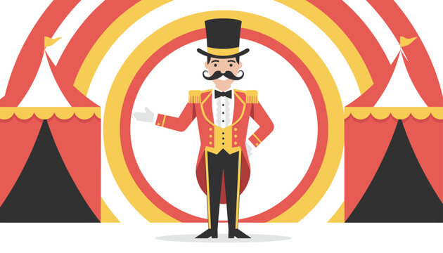 Smiling circus ringmaster in a red tuxedo jacket and top hat gesturing towards red and white striped tents.