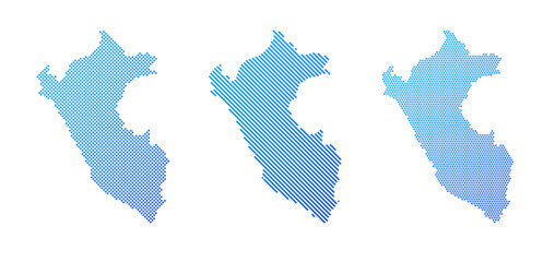 Obraz premium Peru - Collection of stylized country silhouettes in three graphic patterns: dotted, diagonal striped and halftone. Clean blue vector designs isolated on white.