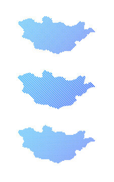 Mongolia - Collection of stylized country silhouettes in three graphic patterns: dotted, diagonal striped and halftone. Clean blue vector designs isolated on white.
