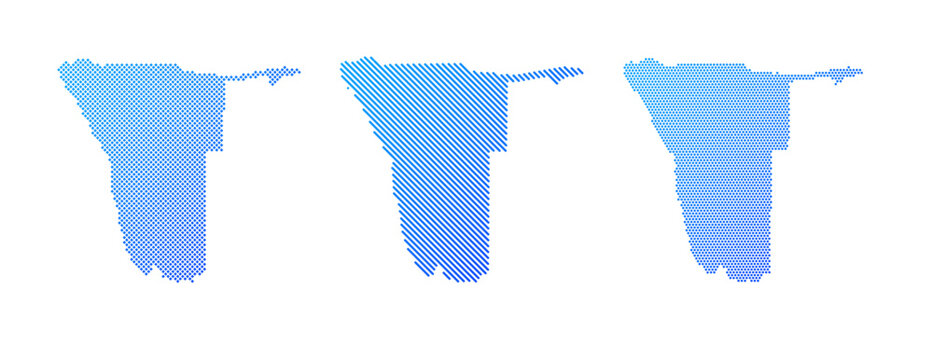 Namibia - Collection of stylized country silhouettes in three graphic patterns: dotted, diagonal striped and halftone. Clean blue vector designs isolated on white.