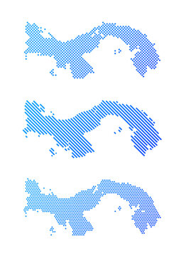 Panama - Collection of stylized country silhouettes in three graphic patterns: dotted, diagonal striped and halftone. Clean blue vector designs isolated on white.