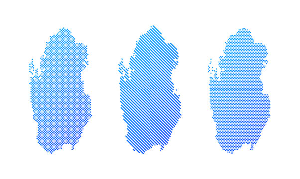 Qatar - Collection of stylized country silhouettes in three graphic patterns: dotted, diagonal striped and halftone. Clean blue vector designs isolated on white.