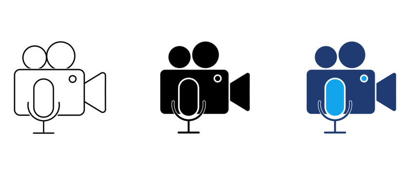 Video podcast and vlogging icon set featuring cinema camera and studio microphone in outline, glyph, and colored styles for media creators.