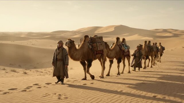 Ancient Camel Caravan Crossing a Vast Desert at Golden Hour, Cinematic Historical Scene of Middle Eastern Travel, Trade, Migration, Pilgrimage, Exploration, Endurance and a Long Journey