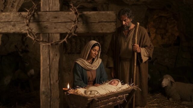 Mary and Joseph Watching Over the Newborn Baby Jesus Resting in a Manger Inside a Humble Stable Cave, Tender Biblical Nativity and Christmas Scene of the Holy Family, Love, Faith, Peace and Hope