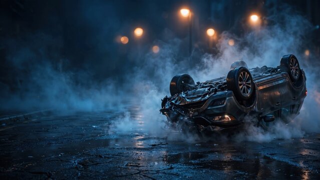A wrecked, overturned vehicle spews smoke on a dark, wet city street, illuminated by streetlights