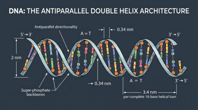 Antiparallel Double Helix DNA Molecular Structure Illustration.