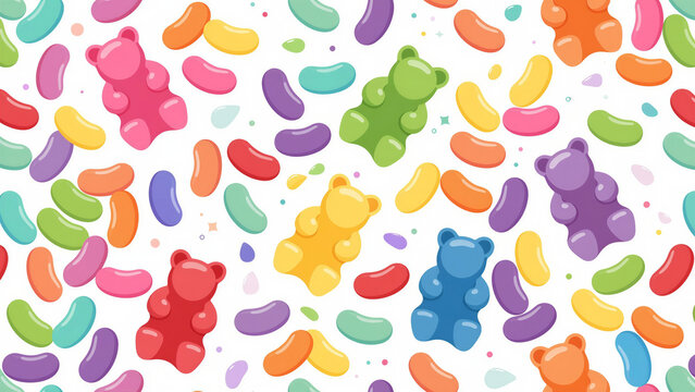 A cute, colorful seamless pattern featuring gummy bears and jelly beans.