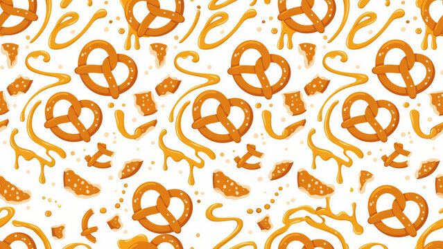 Seamless pattern of crispy baked pretzels in golden-brown tones, featuring drizzles of cheese or caramel sauce.