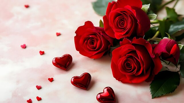 Romantic Red Roses with Red Shiny Hearts on Pink Surface