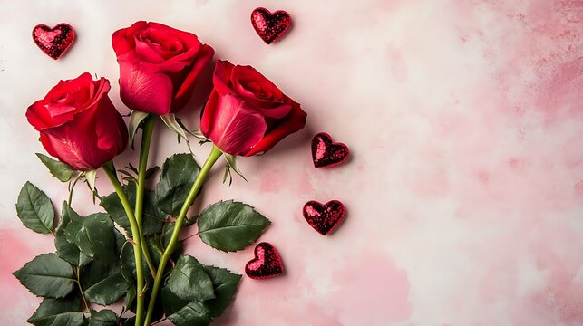 Beautiful Red Roses with Glittery Hearts on Pink Marble Texture