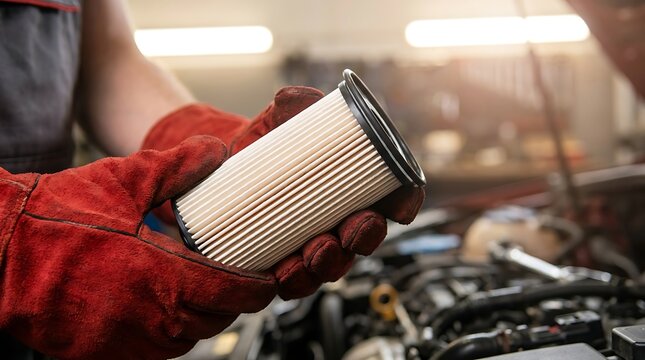 Mechanic wearing red protective work gloves holding a new clean fuel or oil filter in an automotive repair workshop