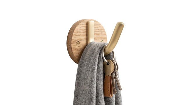 Modern wooden wall hook with brass detail, minimalist coat hanger with scarf and keys, stylish interior hardware for home organization isolated PNG with Transparent Background