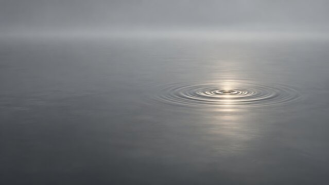 Abstract of silence rendered as a flat calm gray plane with one small bright ripple, symbolizing a hesitant first word