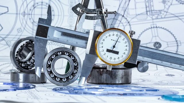 Industrial engineering equipment with ball bearings and dial caliper on blueprint background in slow motion.