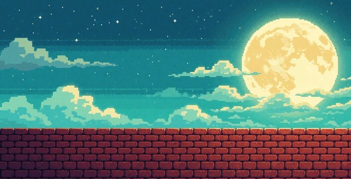 Pixel art night landscape with large full moon, clouds. Red brick wall sits in foreground under starry sky. Retro game background style with dark teal atmosphere, glowing celestial body. Flat 8 bit