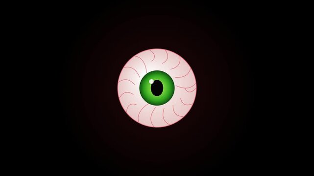 giant creepy eyeball with green iris looking around and blinking on black background halloween animation