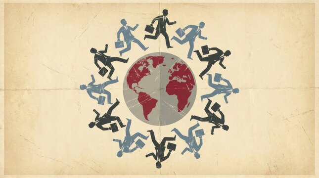 Global business competition concept with running businesspeople around earth world map on vintage background.