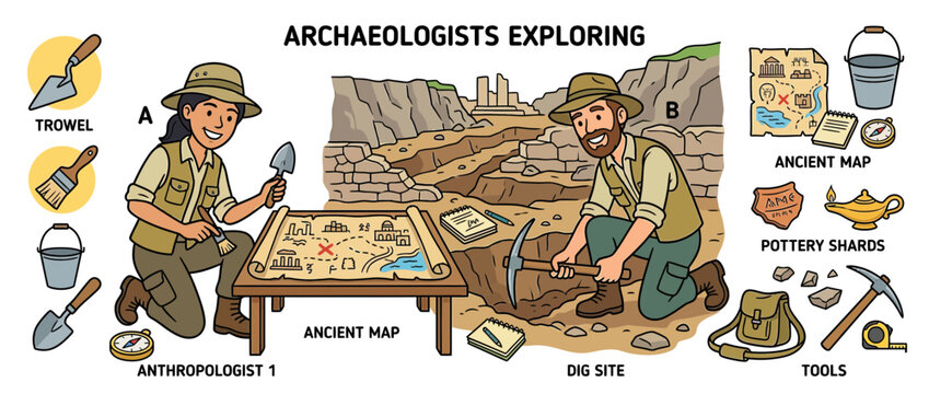 Archaeologists excavating ancient ruins with maps and tools
