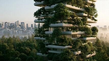 Fototapeta premium Vertical forest residential tower with tiered greenery and city skyline view