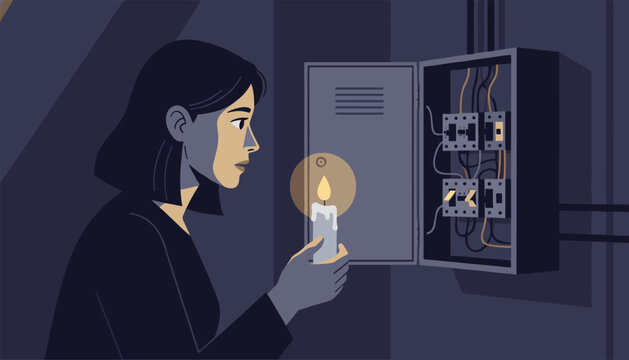 Young woman holding candle to inspect electrical fuse box during unexpected house power outage.