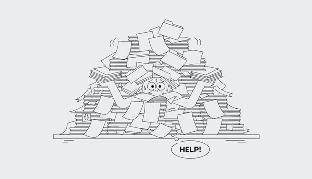 Line art illustration of cartoon face buried under mountain of paperwork folders calling for help.