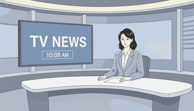 Professional female news anchor sitting at broadcast desk in television studio presenting morning news program.