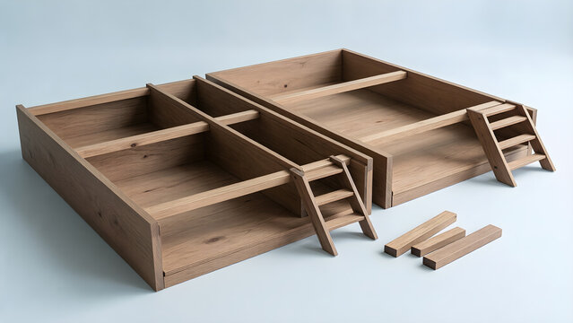 Flat packed wooden shelving components before assembly