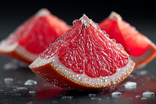 Close-up of juicy grapefruit slices placed on a dark surface, with droplets of water highlighting their freshness, perfect for food photography