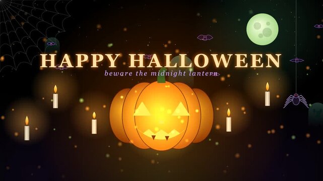 glowing halloween pumpkin with floating candles ghosts bats and spider on black background animation