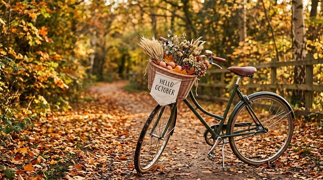Vintage bicycle with autumn flowers in a forest path