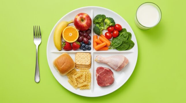 Myplate healthy food guide arrangement on vibrant green background with fresh ingredients and glass of milk.