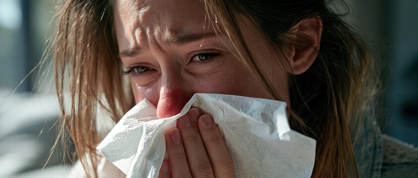 Close-up portrait of a young woman suffering from a cold or seasonal allergies, blowing her visibly red and irritated nose with a white tissue, effectively conveying discomfort, illness,