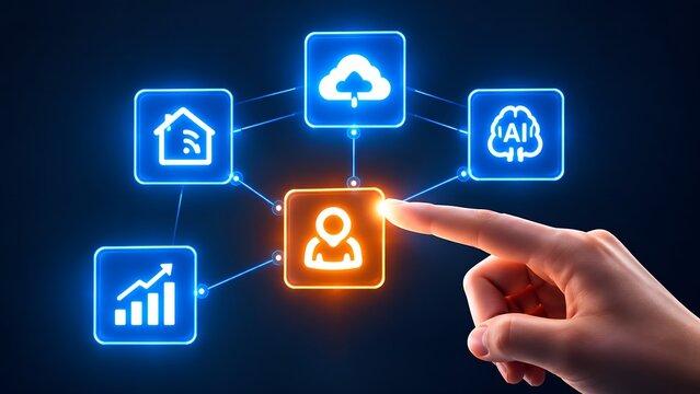 Hand interacting with floating digital icons representing smart home ecosystem and artificial intelligence network