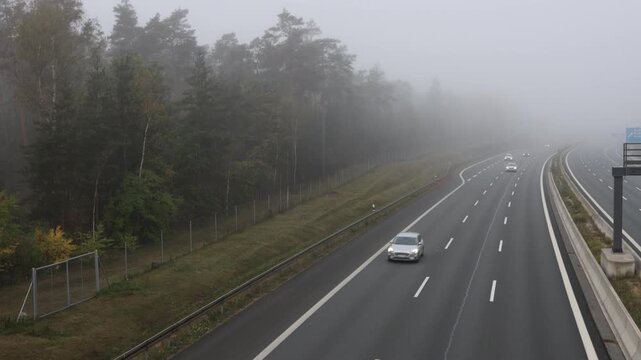 Cars driving on a multi-lane highway through a dense forest during a foggy autumn morning