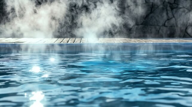 A serene pool with clear blue water and steam rising, set against a stone wall backdrop.