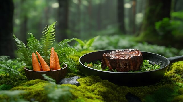 Cooked Steak and Carrots Displayed in Natural Forest Setting